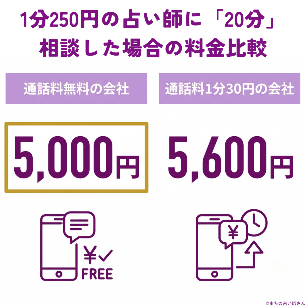 1分250円の占い師に「20分」相談した場合の料金比較（通話料無料による差分）